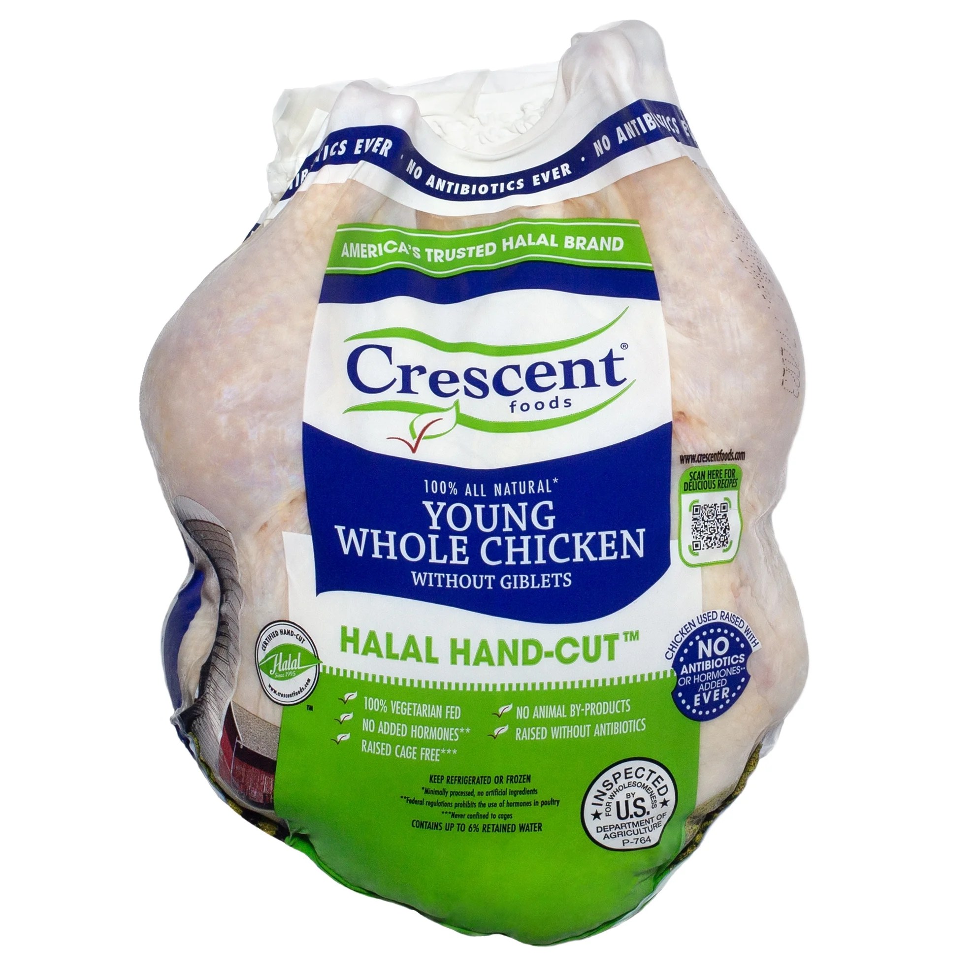 Crescent Foods Halal HandCut Fresh Young Whole Chicken, 21g Protein, 2